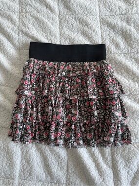 Ruffled Floral Mini Skirt - Black with Pink Flowers